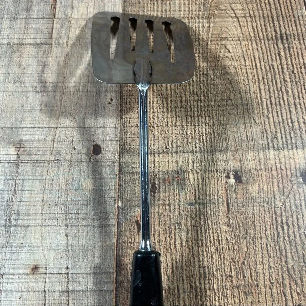 Vintage Foley USA Chrome Slotted Spatula Black Handle Mid Century 11.5